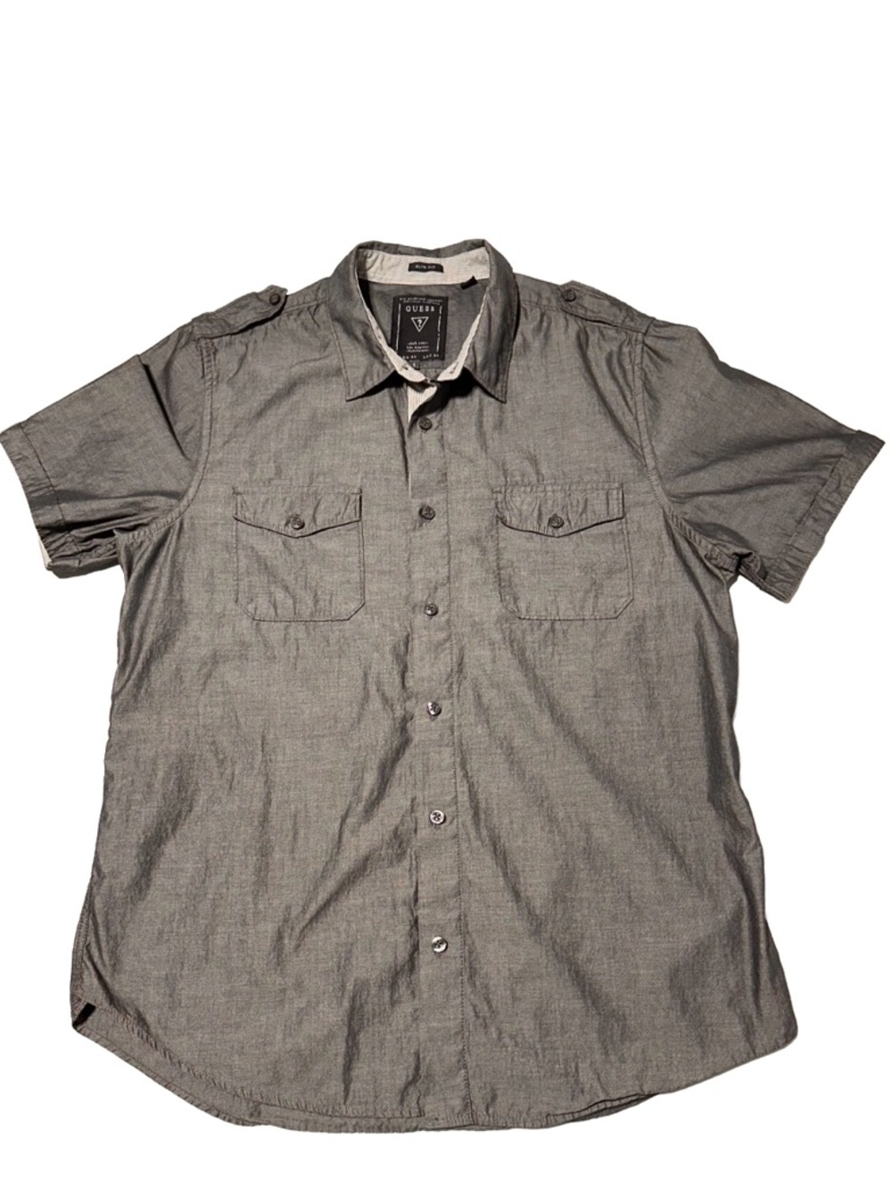 GUESS Mens Gray Short Sleeve Utility Shirt Epaulet Button Up Size L